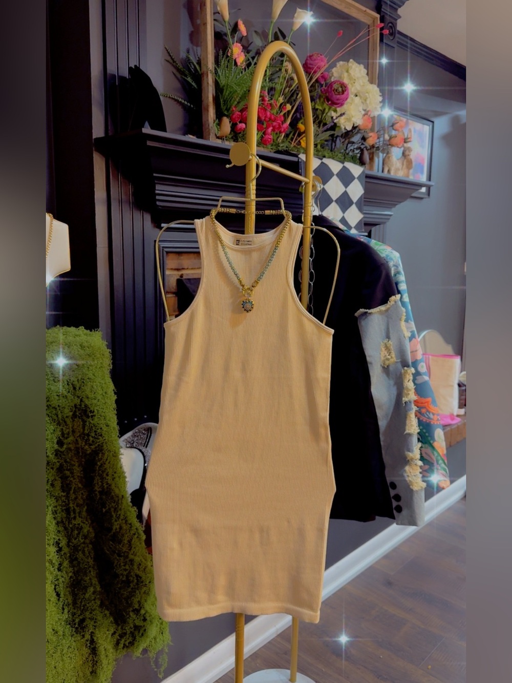 PrettyLittleThing Cream Ribbed Tank Dress